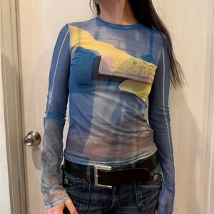 Trendy Blue Graphic Mesh Long Sleeve Top